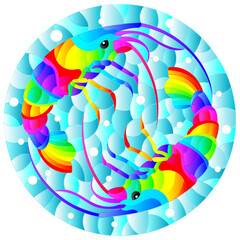 Illustration in stained glass style with a pair of rainbow shrimp on a background of water and air bubbles, round image