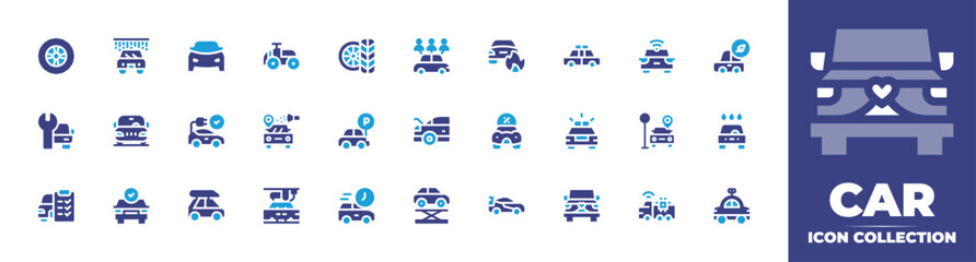Car icon collection. Duotone color. Vector and transparent illustration. Containing car wheel, sharing, tires, car, trunk, parking lot, electric car, check list, car lift, arrival, roof rack, car wash
