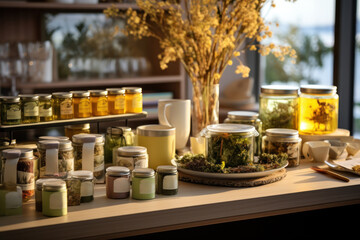 A well-stocked herbal tea corner, encouraging the exploration of diverse herbal infusions for overall well-being. Concept of herbal wellness. Generative Ai.