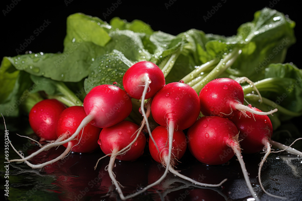 Sticker a close-up of radishes, showcasing their vibrant red exteriors and crisp white interiors. concept of