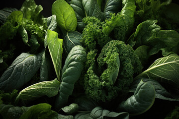 A dynamic mix of leafy greens, including kale, spinach, and arugula, presenting a nutrient-packed foundation for salads and meals. Concept of leafy green vitality. Generative Ai. - obrazy, fototapety, plakaty