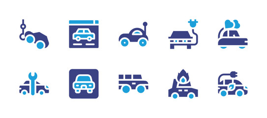 Car icon set. Duotone color. Vector illustration. Containing tow truck, car service, car rental, car parking, toy car, car, electric car, wedding car.