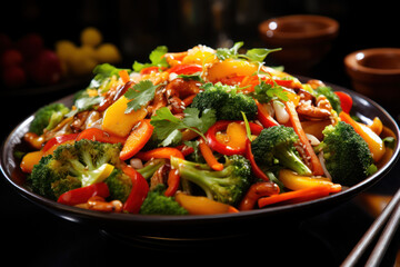 A symphony of colors in a vegetable stir-fry, featuring broccoli, carrots, and bell peppers,...