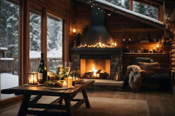 Apartment in a wooden house with a fireplace in a festive mood.