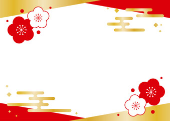 和風　フレーム 　梅の花　赤　金色