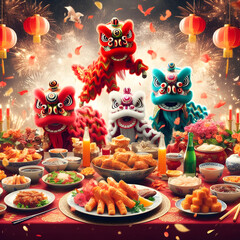 Dragon's Waltz: Chinese New Year's Dance of Traditions, Fireworks' Grandeur, Lucky Symbols' Charm, Family Togetherness, Culinary Feasts, and the Dynamic Liveliness of the Lion Dance.