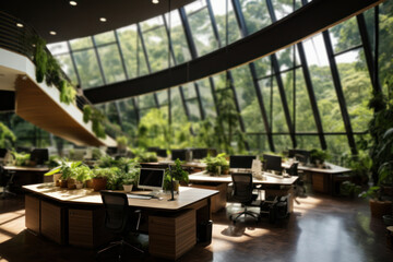 A green office with plants and natural light, emphasizing the importance of biophilic design for employee well-being and productivity. Concept of eco-friendly workplaces. Generative Ai. - obrazy, fototapety, plakaty