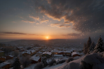  Village in winter at sunset.
