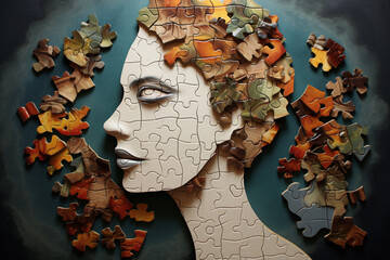 An artistic representation of eating disorders as a puzzle with missing pieces, illustrating the fragmented and incomplete self-image associated with disordered eating. - obrazy, fototapety, plakaty