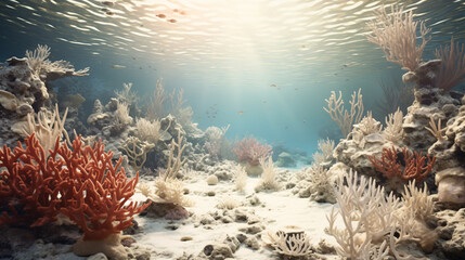 An underwater scene with bleached coral reefs.