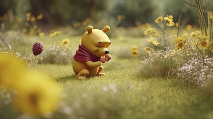 Cute illustration of Winnie the Pooh playing with in the park, 3d realistic