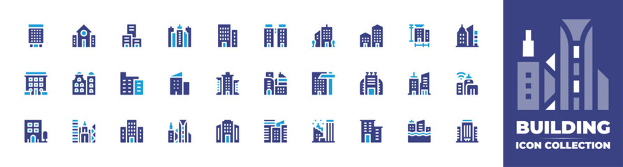 Building icon collection. Duotone color. Vector and transparent illustration. Containing buildings, office building, business, building, casino, furniture, skycraper, city, measure, smart city, flood.