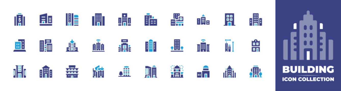 Building icon collection. Duotone color. Vector and transparent illustration. Containing condo, hotel, building, smart city, apartments, buildings, office, town, residential, company, mall.