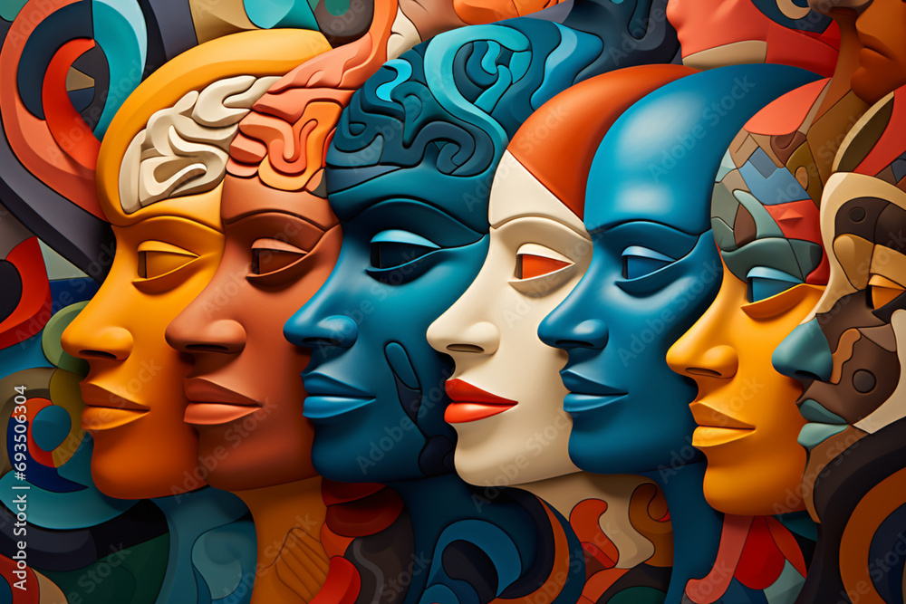 Poster a digital artwork depicting diverse shapes intertwining to form a harmonious whole, representing the