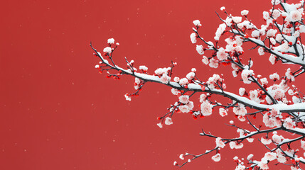 Winter red wall proud plum blossom snow to welcome winter illustration background
