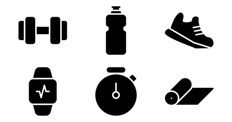 Fitness Icons. Vector Graphics Featuring Designs of dumbbell, yoga mat, stopwatch, water bottle, running shoes, fitness tracker. Icon Set in solid Style