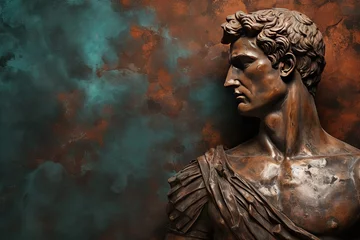Foto op Canvas A beautiful ancient bronze greek, roman stoic male statue, sculpture on a copper backdrop. Great for philosophy quotes. © Merilno