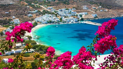 Poster Best beaches of Greece in Cyclades. Stunning Greek beaches in Amorgos island, scenic Aegialis bay with turquoise sea © Freesurf
