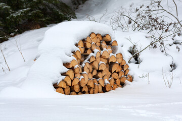 pile of firewood under snow