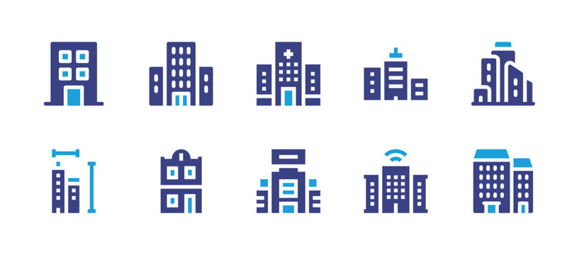 Building icon set. Duotone color. Vector illustration. Containing condo, building, buildings, flats, hospital building, city building.