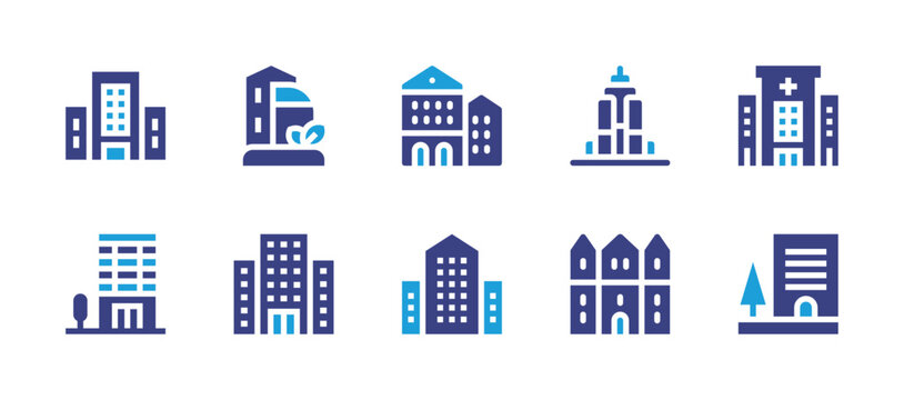 Building icon set. Duotone color. Vector illustration. Containing building, green city, company, empire state building, hospital building.