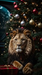 A lion in front of a christmas tree