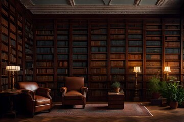 generative al illustration of old library with cozy leather armchair and book shelves with books arranged orderly in room with lamp and potted plants.  - Powered by Adobe