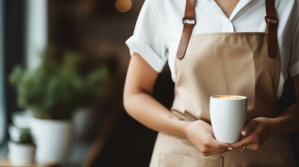 Closed-up a barista woman donned in an apron, holding a cup of coffee, a coffee shop