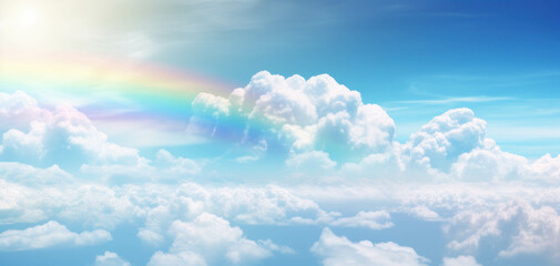 Cloud blue sky and rainbow background, create a beautiful aerial view with bright sunshine