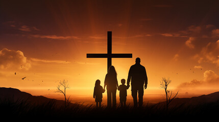 silhouette of Father, mother , son and daughter praying in front of giant Jesus Christ cross on the hill during sunset