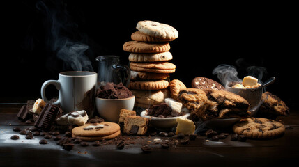 Cookies. A delightful mix of various foods, encompassing coffee and cookies, offers a tempting of...