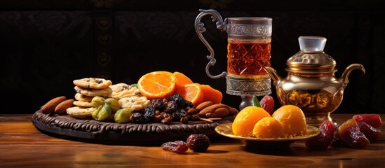 Focus on Arabic tea and dried fruits, traditionally.