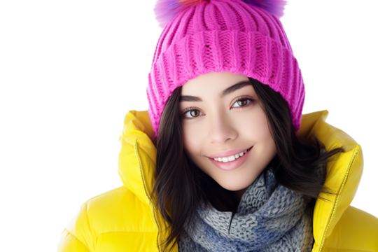 portrait photography of a beautiful brunette woman wearing bright colored puffer jacket and knitted hat, isolated on white background