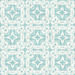 Fototapeta premium Teal aqua white vibrant watercolor batik azulejos tile background. Seamless coastal blur linen effect geometric mosaic effect.Boho Patchwork nautical masculine all over summer fashion repeat.