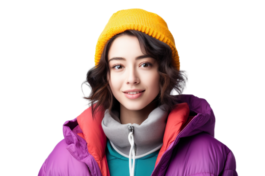 portrait photography of a beautiful brunette woman wearing bright colored puffer jacket and knitted hat, isolated on white background