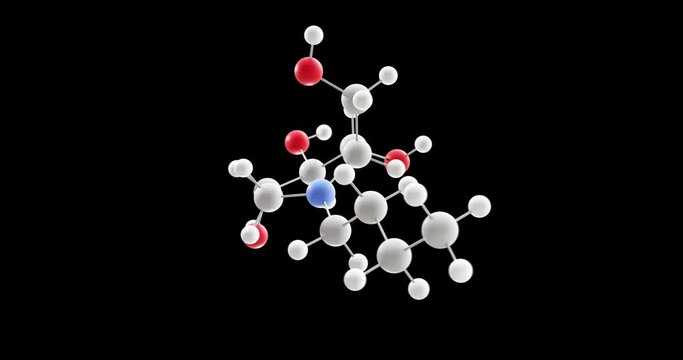 Miglustat molecule, rotating 3D model of miscellaneous therapeutic agents, looped video on a black background