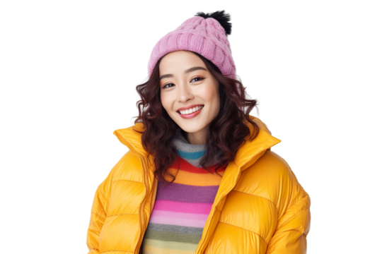 portrait photography of a beautiful brunette woman wearing bright colored puffer jacket and knitted hat, isolated on white background