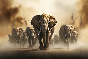 An abstract and minimalistic representation of elephants marching in a parade, using computer graphics for a contemporary touch.