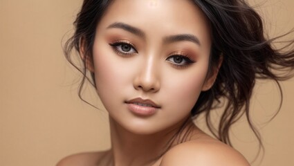 Fototapeta premium Beige Clean Background, Beautiful Asian Woman Facial, Aesthetics