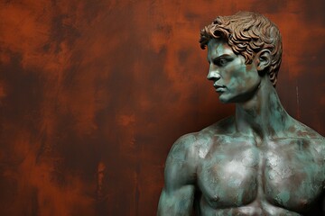A beautiful ancient bronze greek, roman stoic male statue, sculpture on a copper backdrop. Great for philosophy quotes.
