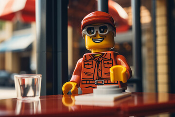 Generative AI portrait of funny lego man sitting dreamy in aroma cafeteria enjoying morning coffee - obrazy, fototapety, plakaty