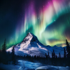 Snow-covered mountain peak under the vivid display of the aurora borealis