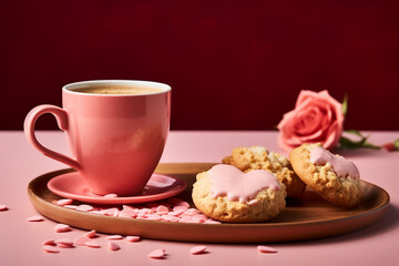A steaming coffee cup next to a heart-shaped cookie and an empty photo frame on the table for Valentine's day