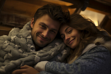 AI generated image of gentle people wrapped in warm blankets cozy autumn atmosphere at home