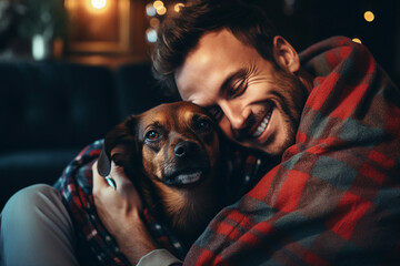 AI generated image of cheerful nice person wrapped in blanket hugging dog in cozy room