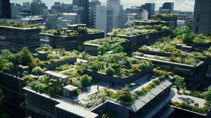 A building with a green roof in an urban environment. - Powered by Adobe