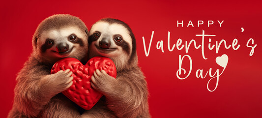 Funny animal Valentines Day, love, wedding celebration concept greeting card - Cute sloth couple holding a red heart , isolated on red background - obrazy, fototapety, plakaty