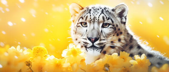 Leopardo das neves e flores amarelas com luz amarela no fundo - Papel de parede - obrazy, fototapety, plakaty