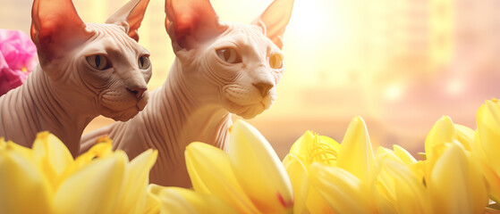 Dois gatos Sphynx e flores amarelas com luz amarela no fundo - Papel de parede