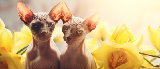Dois gatos Sphynx  e flores amarelas com luz amarela no fundo - Papel de parede